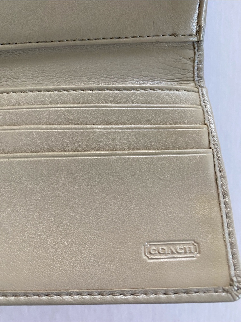 Coach Leather Trifold Clutch Wallet with Decorative Round Clasp - Taupe - Picture 3 of 5